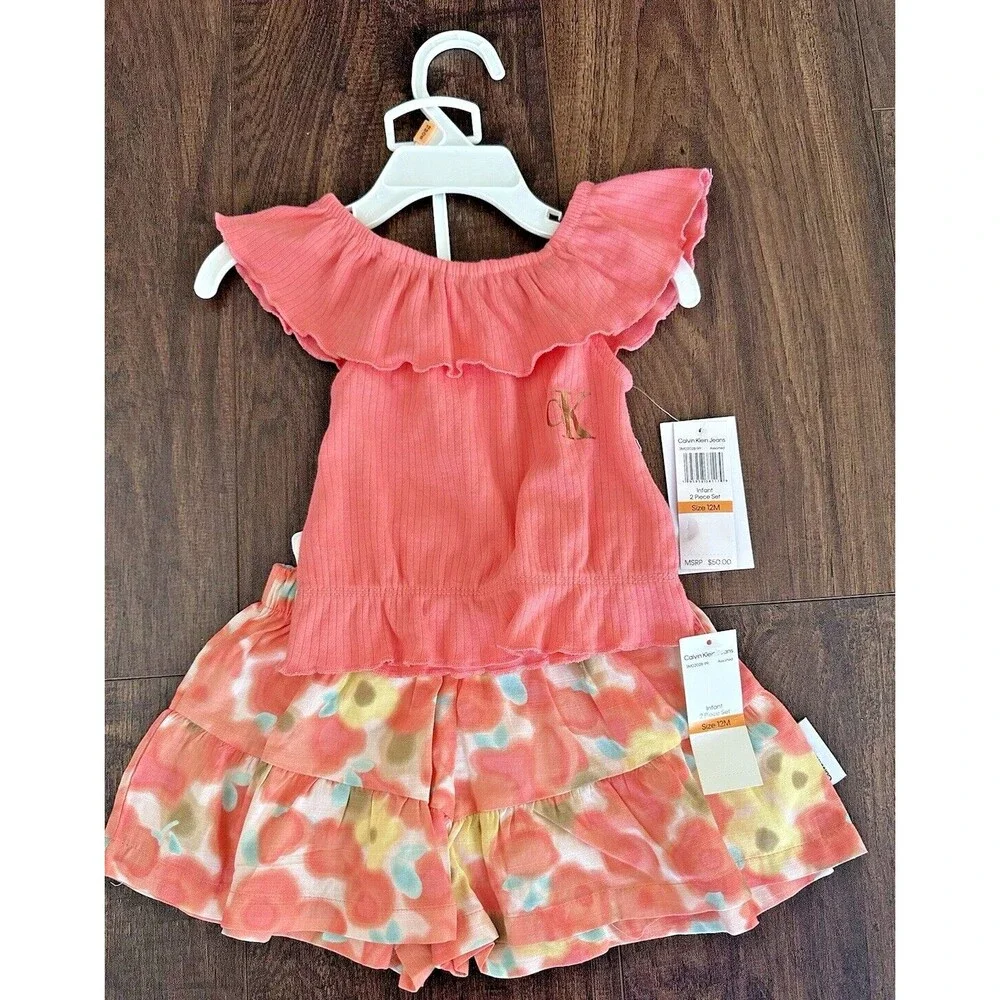 Calvin Klein Girls Elastic Edged Flutter Top & Skort Skirt, 2-PC Coral 12 Months